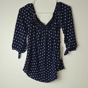 NWT-Haute Monde Navy and White Polka Dot Blouse